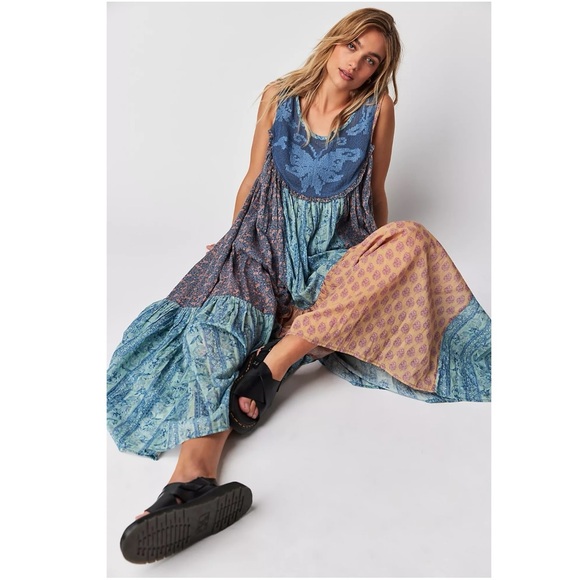 Free People Bohemian 70s Patchwork Hippie Lost Palms Craft Maxi Dress Medium - Picture 8 of 17